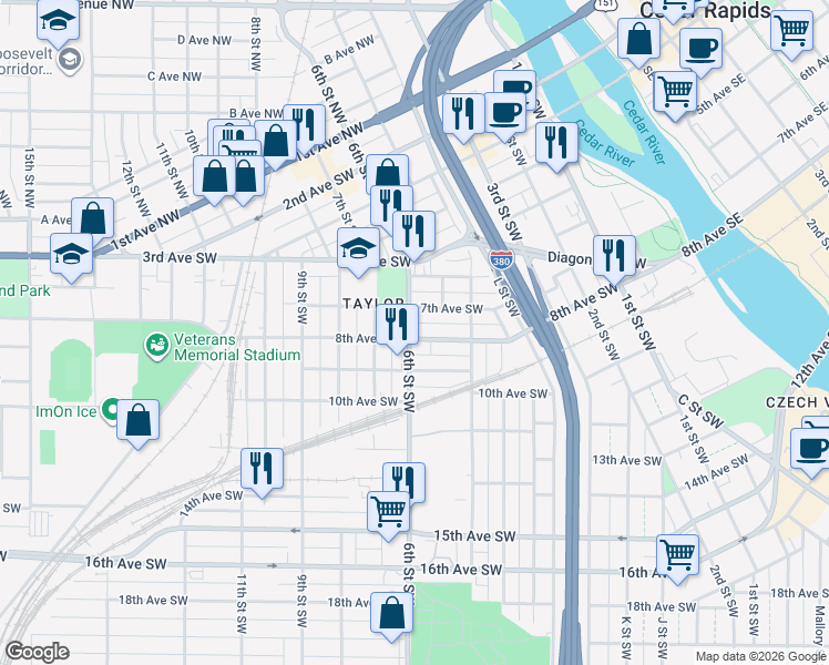 map of restaurants, bars, coffee shops, grocery stores, and more near 454 8th Avenue Southwest in Cedar Rapids