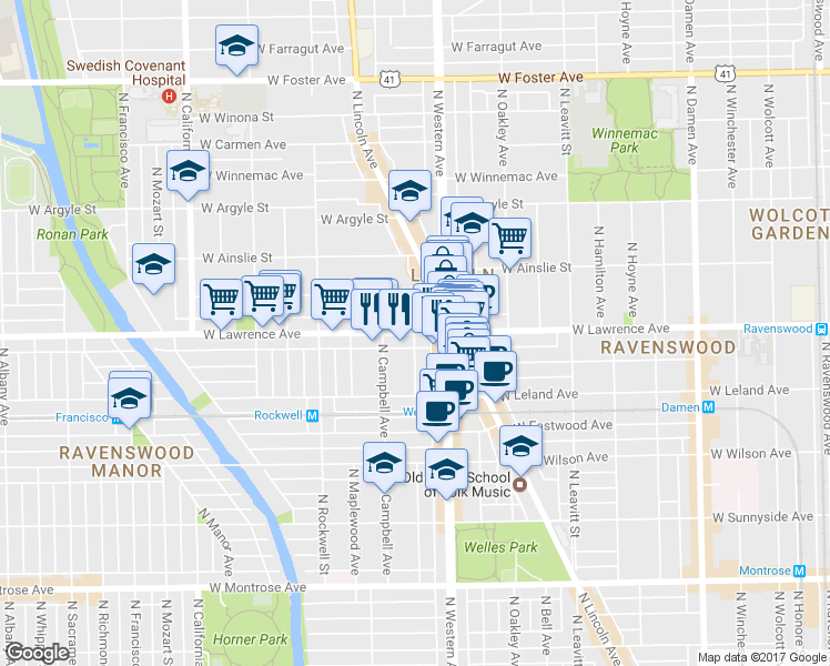 map of restaurants, bars, coffee shops, grocery stores, and more near 2425 West Lawrence Avenue in Chicago