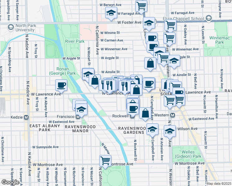 map of restaurants, bars, coffee shops, grocery stores, and more near in Chicago