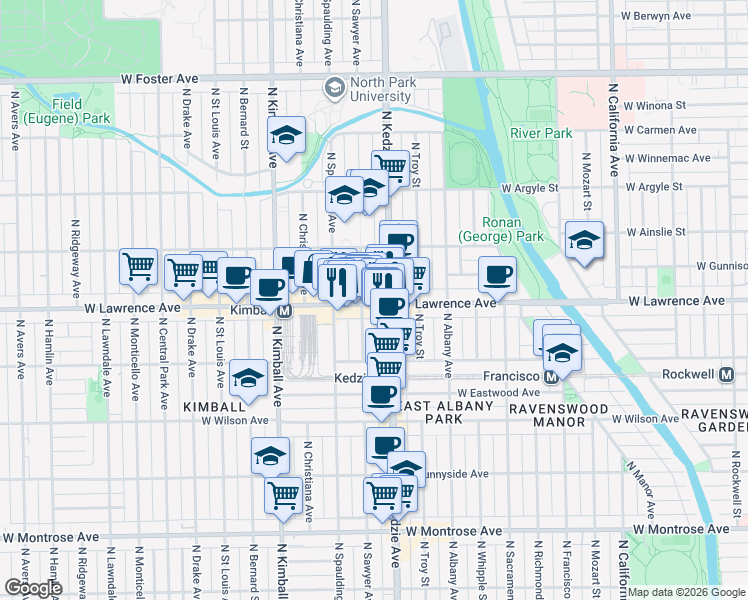 map of restaurants, bars, coffee shops, grocery stores, and more near 3222 West Lawrence Avenue in Chicago