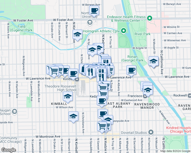 map of restaurants, bars, coffee shops, grocery stores, and more near 3222 West Lawrence Avenue in Chicago