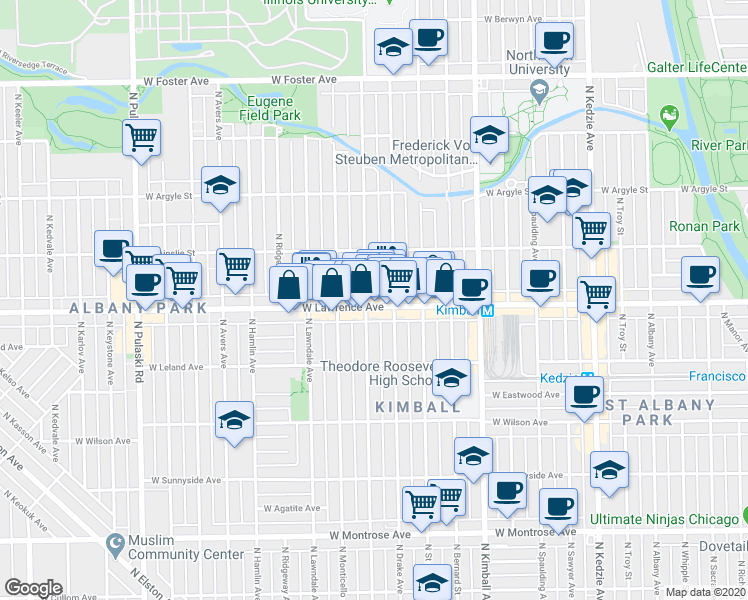 map of restaurants, bars, coffee shops, grocery stores, and more near 3606 West Lawrence Avenue in Chicago