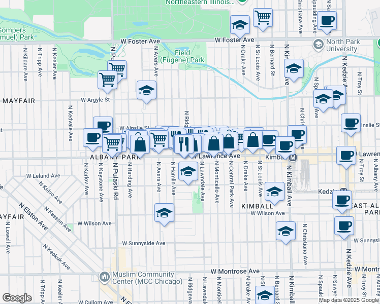 map of restaurants, bars, coffee shops, grocery stores, and more near 3718 West Lawrence Avenue in Chicago
