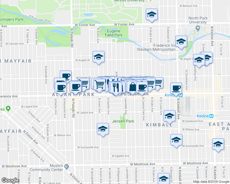 map of restaurants, bars, coffee shops, grocery stores, and more near 3718 West Lawrence Avenue in Chicago