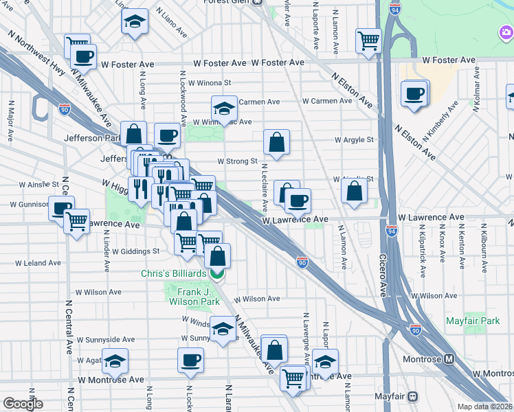 map of restaurants, bars, coffee shops, grocery stores, and more near 5125 West Gunnison Street in Chicago