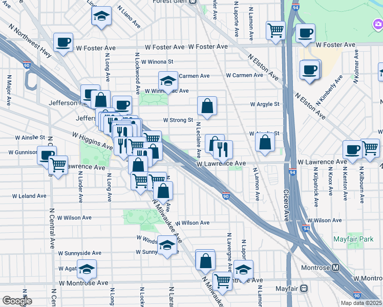 map of restaurants, bars, coffee shops, grocery stores, and more near 5125 West Gunnison Street in Chicago