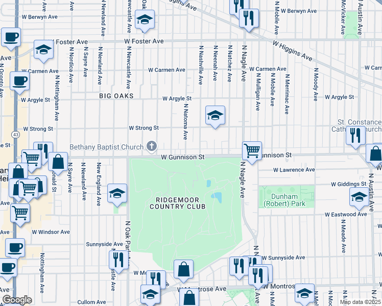 map of restaurants, bars, coffee shops, grocery stores, and more near 6534 West Gunnison Street in Harwood Heights