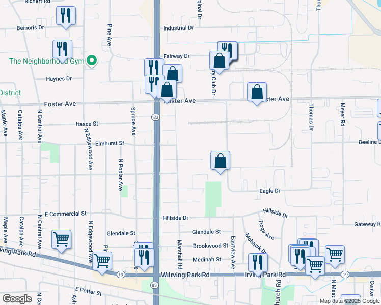map of restaurants, bars, coffee shops, grocery stores, and more near 361 Marshall Road in Bensenville