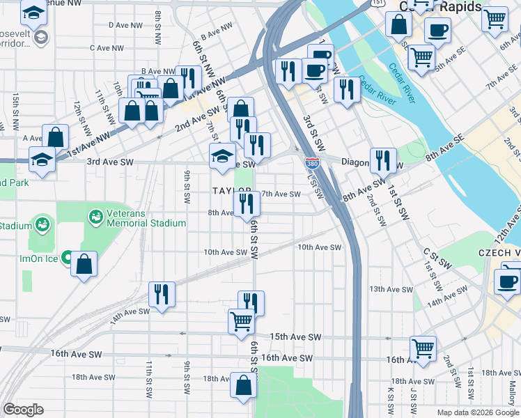 map of restaurants, bars, coffee shops, grocery stores, and more near 454 8th Avenue Southwest in Cedar Rapids