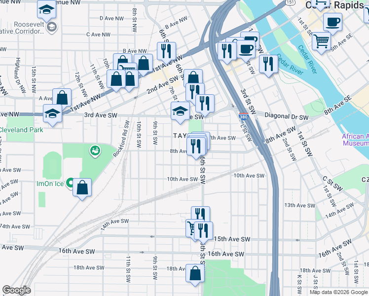 map of restaurants, bars, coffee shops, grocery stores, and more near 724 7th Street Southwest in Cedar Rapids