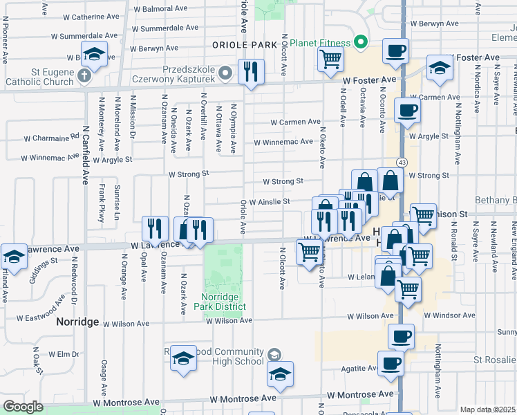 map of restaurants, bars, coffee shops, grocery stores, and more near 7529 West Ainslie Street in Chicago