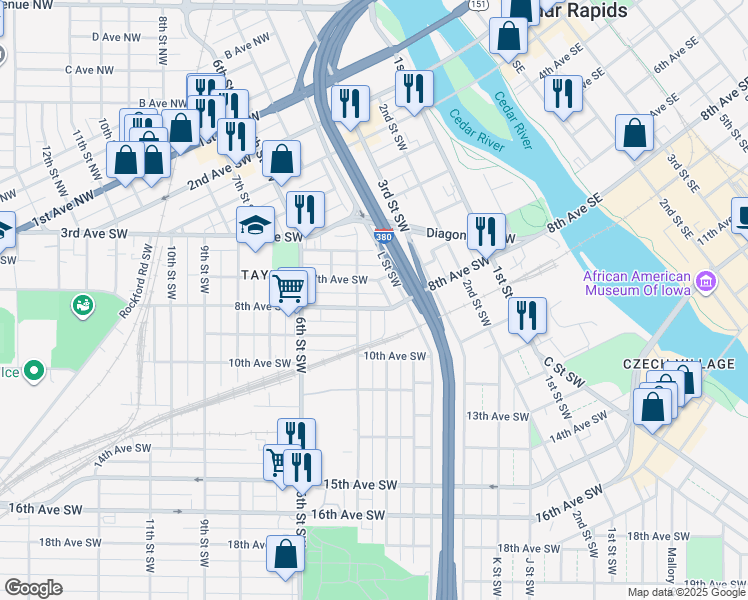map of restaurants, bars, coffee shops, grocery stores, and more near 370 8th Avenue Southwest in Cedar Rapids