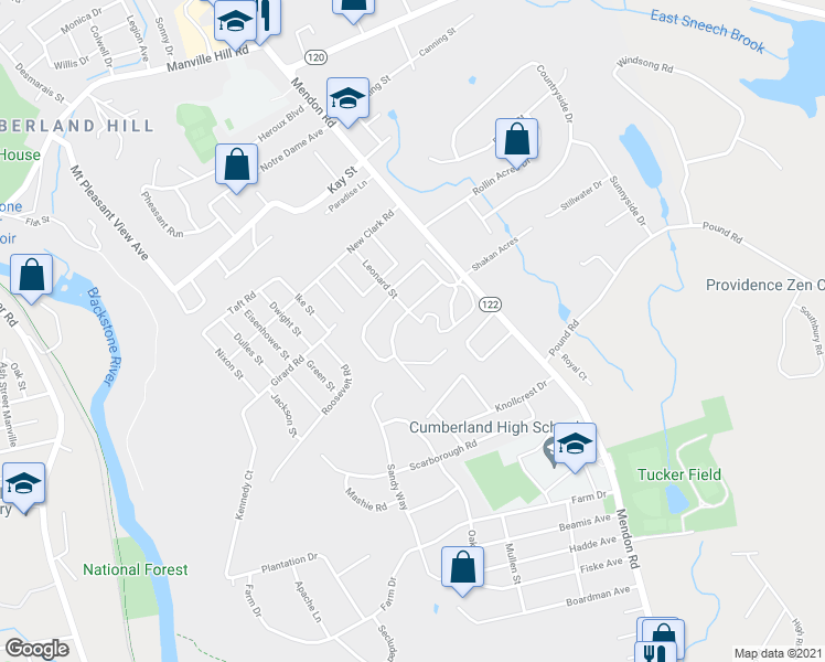 map of restaurants, bars, coffee shops, grocery stores, and more near 2970 Mendon Road in Cumberland