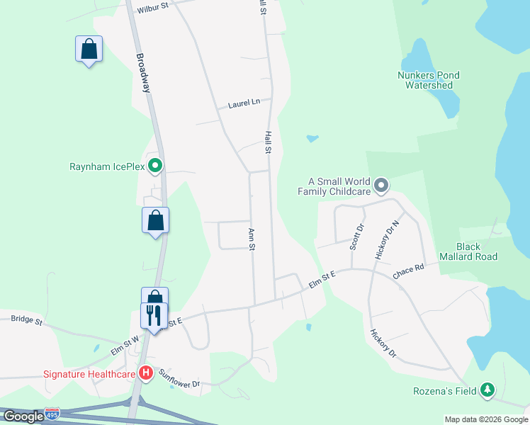 map of restaurants, bars, coffee shops, grocery stores, and more near 142 Hall Street in Raynham
