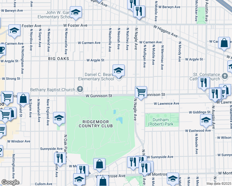 map of restaurants, bars, coffee shops, grocery stores, and more near 6500 West Gunnison Street in Harwood Heights
