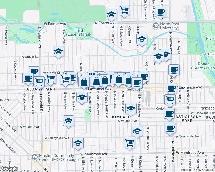 map of restaurants, bars, coffee shops, grocery stores, and more near 4805 North Central Park Avenue in Chicago