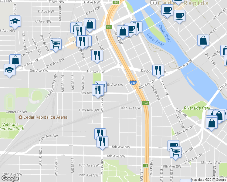 map of restaurants, bars, coffee shops, grocery stores, and more near 416 8th Avenue Southwest in Cedar Rapids