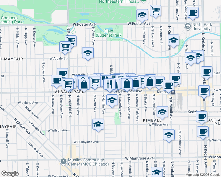 map of restaurants, bars, coffee shops, grocery stores, and more near 4804 North Ridgeway Avenue in Chicago