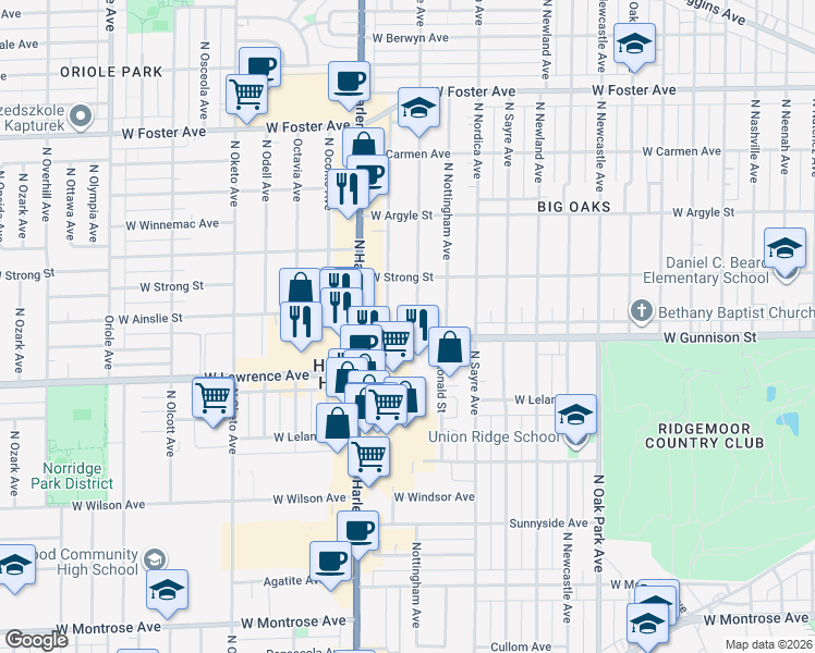 map of restaurants, bars, coffee shops, grocery stores, and more near 4801 North Neva Avenue in Chicago