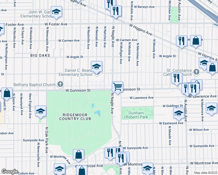 map of restaurants, bars, coffee shops, grocery stores, and more near 6400 West Gunnison Street in Harwood Heights