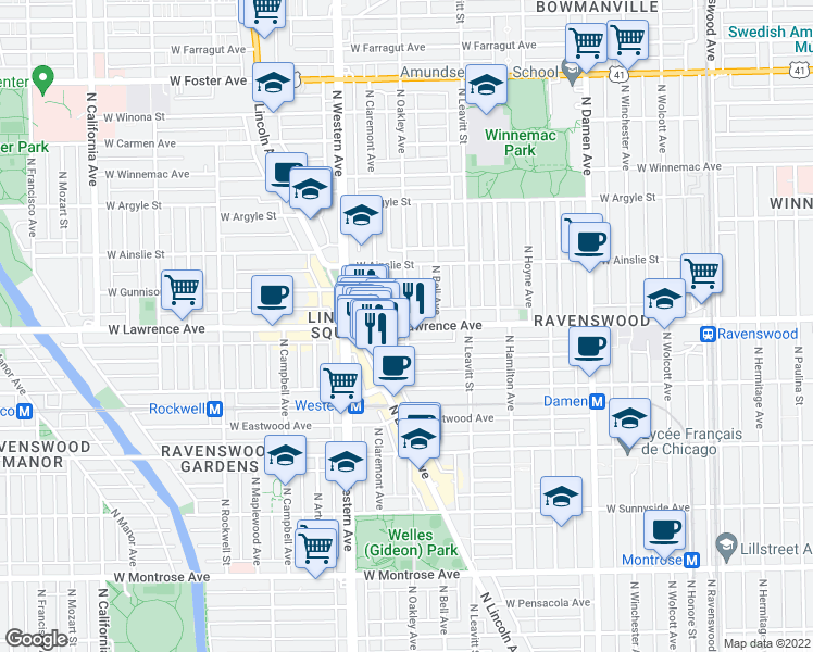 map of restaurants, bars, coffee shops, grocery stores, and more near W Lawrence Ave & N Oakley Ave in Chicago