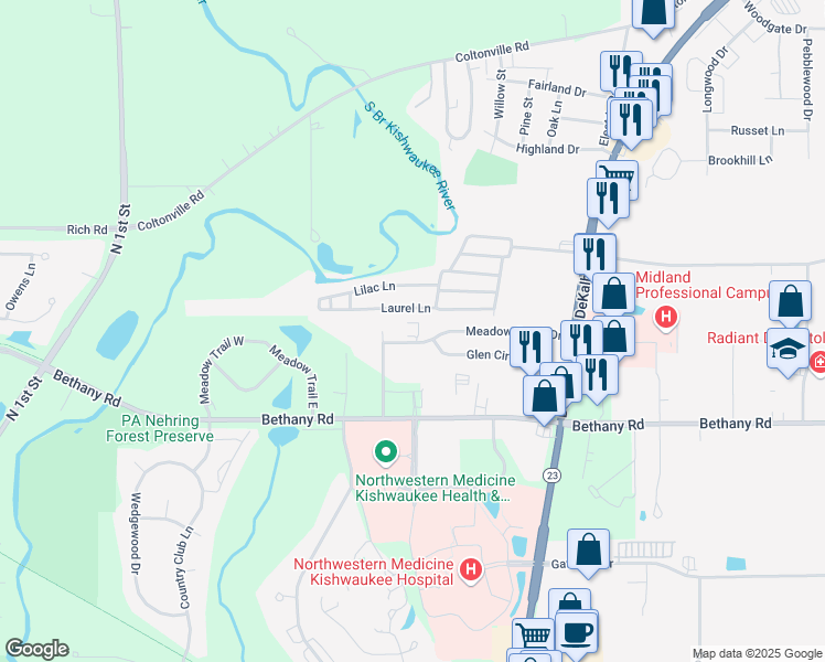 map of restaurants, bars, coffee shops, grocery stores, and more near 615 Meadow Creek Drive in DeKalb