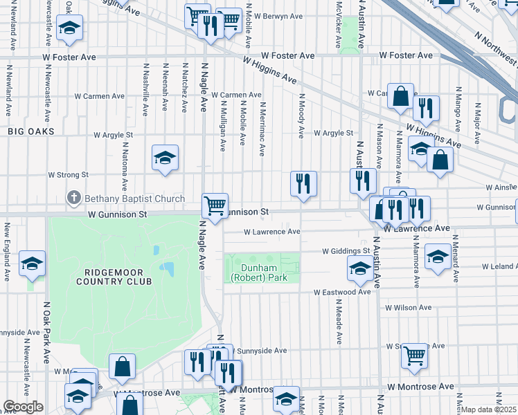 map of restaurants, bars, coffee shops, grocery stores, and more near 6234 West Gunnison Street in Chicago