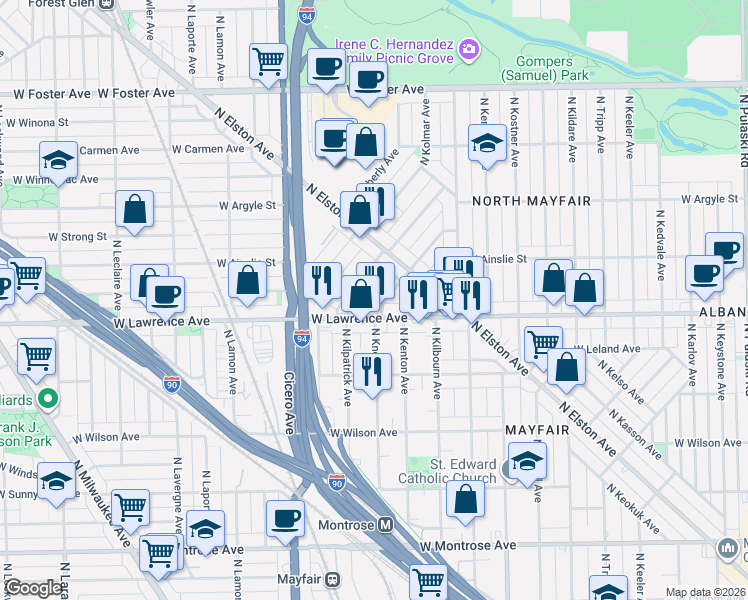 map of restaurants, bars, coffee shops, grocery stores, and more near 4810 North Kentucky Avenue in Chicago