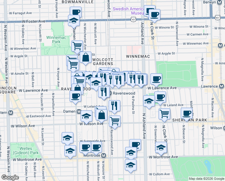 map of restaurants, bars, coffee shops, grocery stores, and more near 1777 West Lawrence Avenue in Chicago