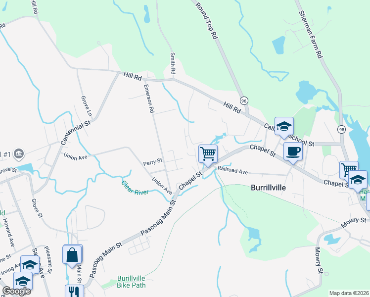 map of restaurants, bars, coffee shops, grocery stores, and more near 72 Sanwood Drive in Burrillville