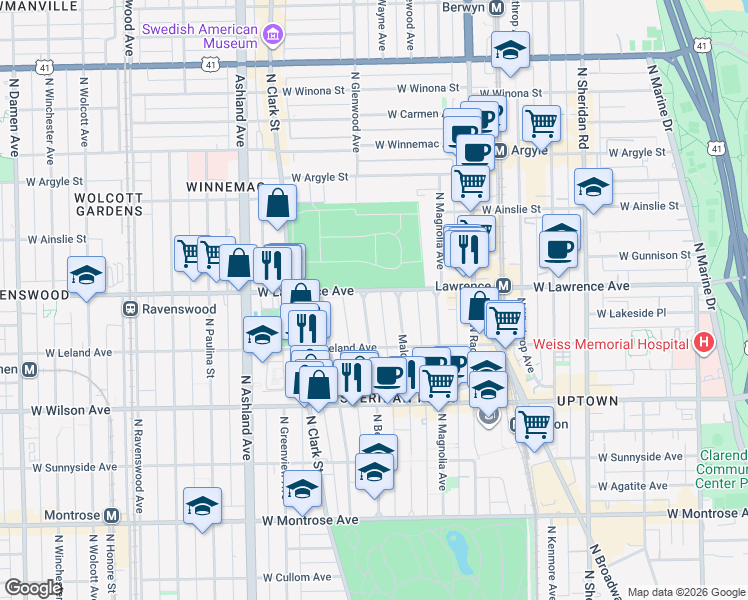 map of restaurants, bars, coffee shops, grocery stores, and more near 4748 North Beacon Street in Chicago