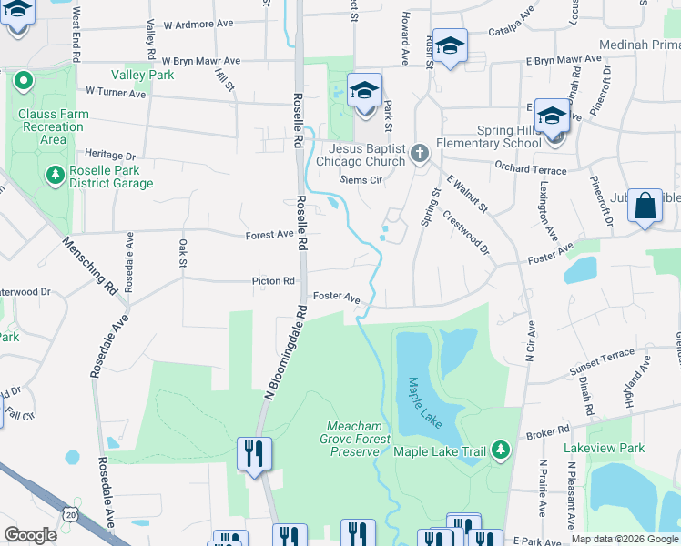 map of restaurants, bars, coffee shops, grocery stores, and more near 6N333 South Roselle Road in Roselle