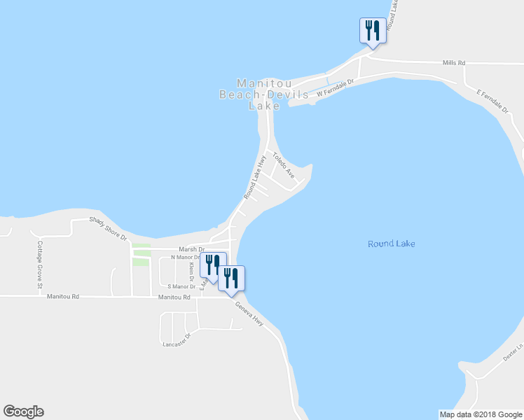 map of restaurants, bars, coffee shops, grocery stores, and more near 2329 Elm Park Drive in Manitou Beach-Devils Lake