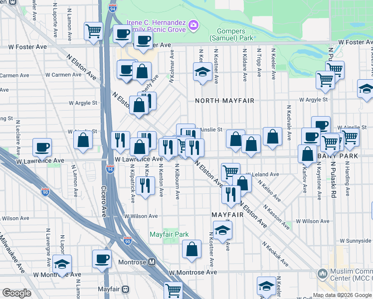 map of restaurants, bars, coffee shops, grocery stores, and more near 4821 North Elston Avenue in Chicago
