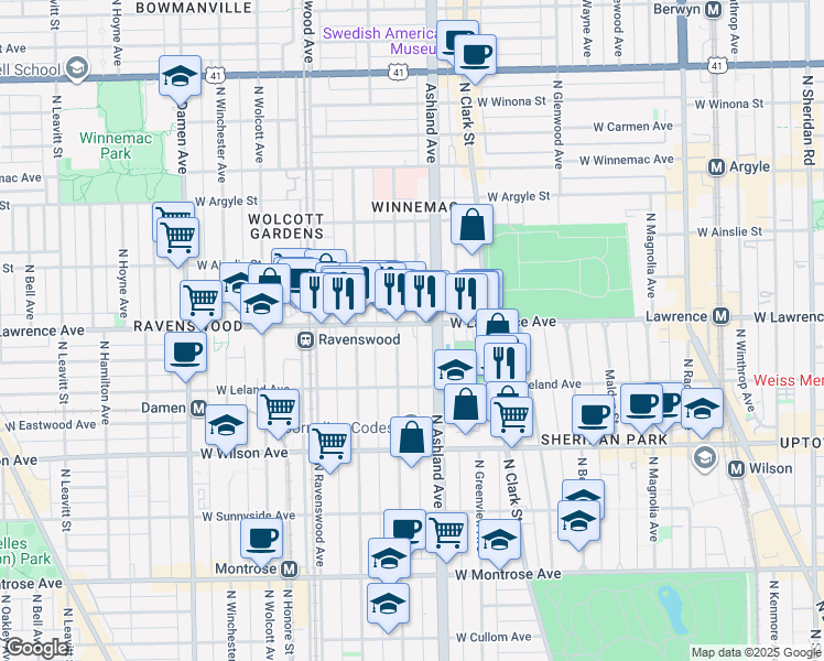 map of restaurants, bars, coffee shops, grocery stores, and more near 4751 North Paulina Street in Chicago