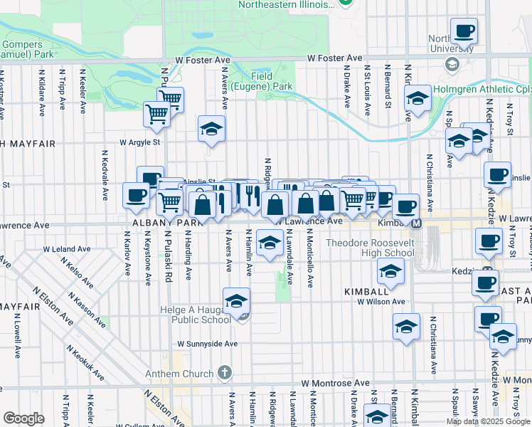 map of restaurants, bars, coffee shops, grocery stores, and more near 4808 North Ridgeway Avenue in Chicago
