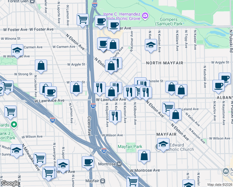 map of restaurants, bars, coffee shops, grocery stores, and more near 4814 North Kentucky Avenue in Chicago