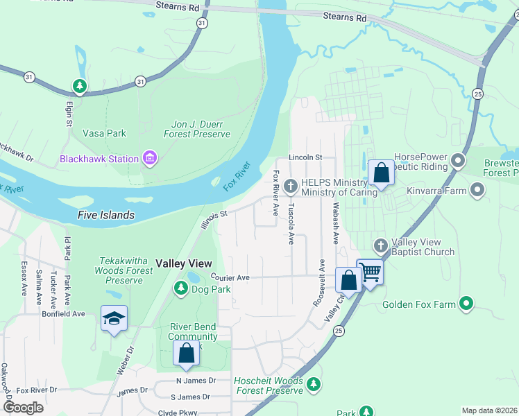 map of restaurants, bars, coffee shops, grocery stores, and more near 34W615 Illinois Street in St. Charles