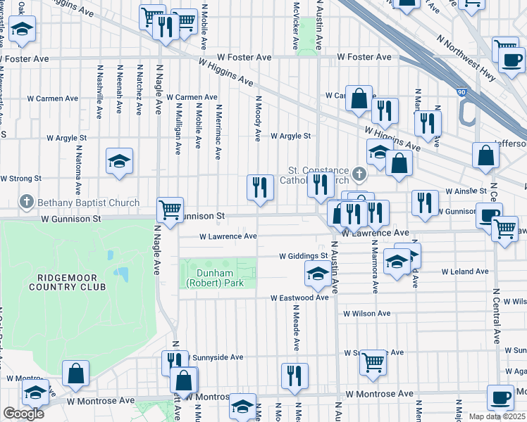 map of restaurants, bars, coffee shops, grocery stores, and more near 6110 West Gunnison Street in Chicago