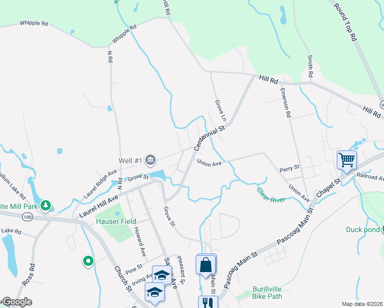 map of restaurants, bars, coffee shops, grocery stores, and more near 126 Centennial Street in Burrillville