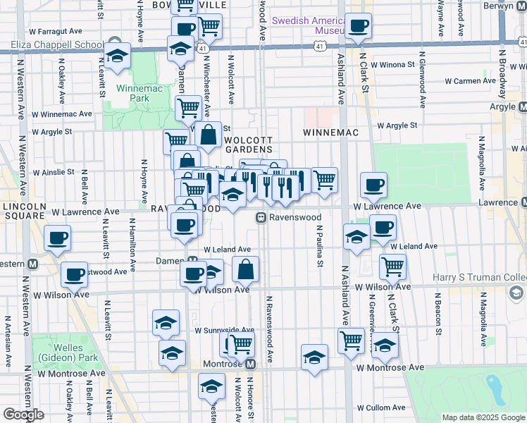map of restaurants, bars, coffee shops, grocery stores, and more near 4800 North Ravenswood Avenue in Chicago
