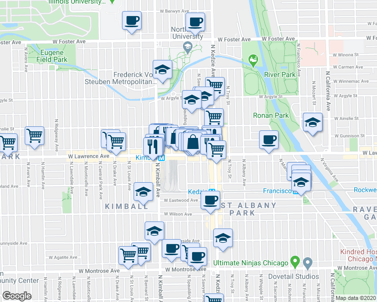 map of restaurants, bars, coffee shops, grocery stores, and more near 3256 West Lawrence Avenue in Chicago