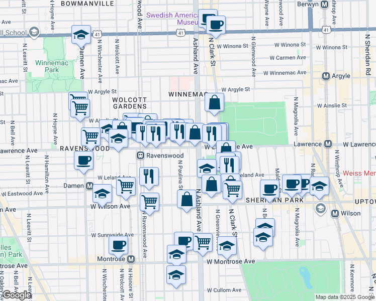 map of restaurants, bars, coffee shops, grocery stores, and more near 4751 North Paulina Street in Chicago