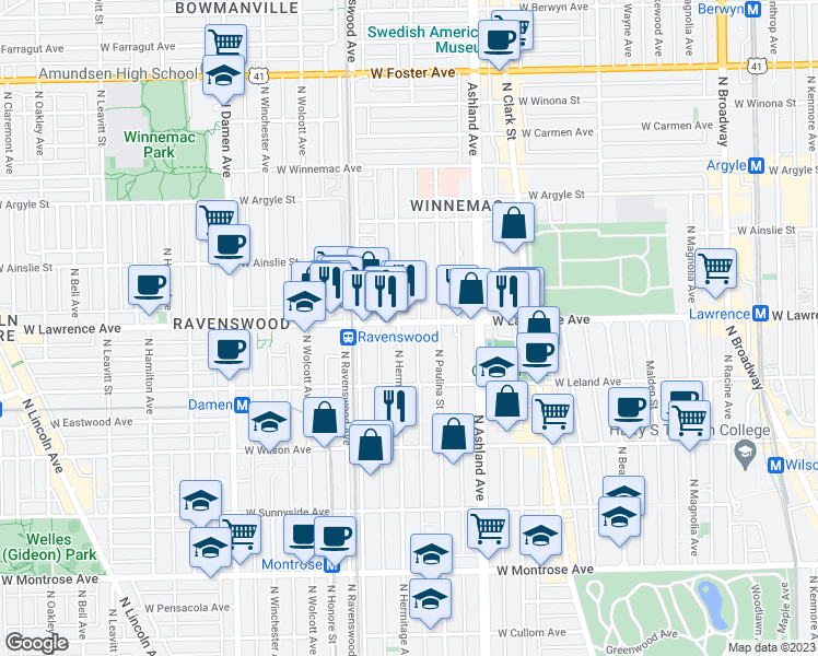 map of restaurants, bars, coffee shops, grocery stores, and more near 1735 West Lawrence Avenue in Chicago