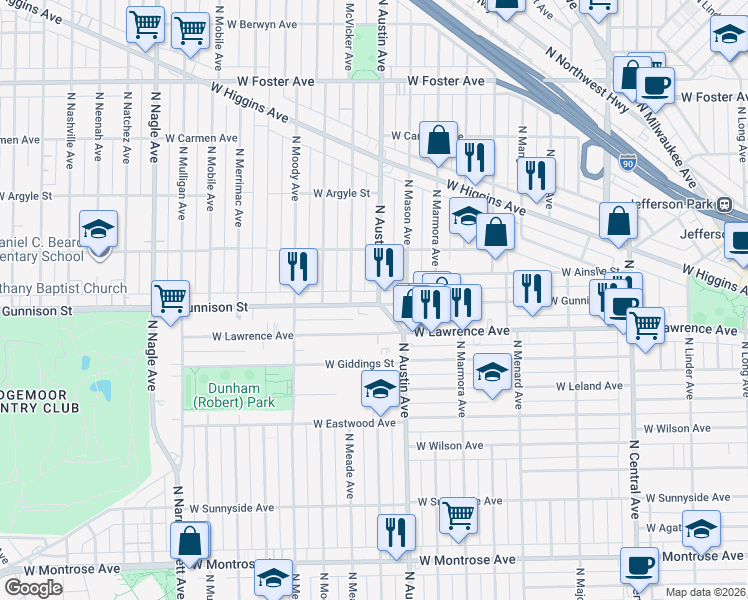 map of restaurants, bars, coffee shops, grocery stores, and more near 6000 West Gunnison Street in Chicago