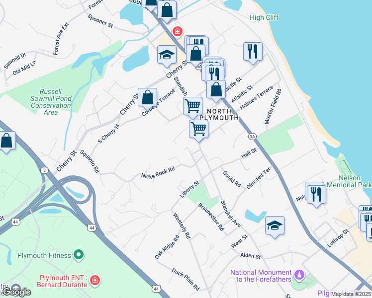 map of restaurants, bars, coffee shops, grocery stores, and more near 1A Ocean View Avenue in Plymouth