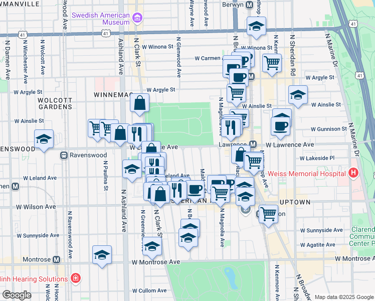 map of restaurants, bars, coffee shops, grocery stores, and more near 4748 North Beacon Street in Chicago
