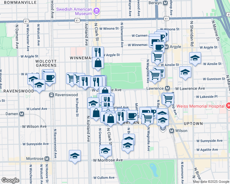 map of restaurants, bars, coffee shops, grocery stores, and more near 4746 North Dover Street in Chicago