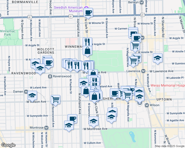 map of restaurants, bars, coffee shops, grocery stores, and more near 4751 North Clark Street in Chicago