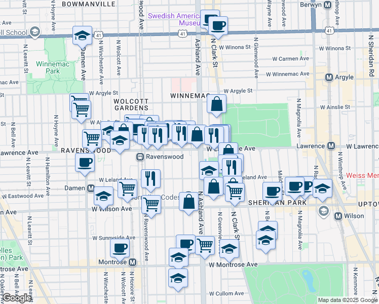 map of restaurants, bars, coffee shops, grocery stores, and more near 4751 North Paulina Street in Chicago